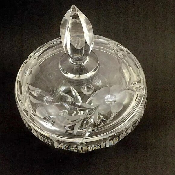 Czech Hand Cut Crystal Lidded Candy Dish Pedestal Bowl Etched Glass Lid VTG 60's - Picture 8 of 12